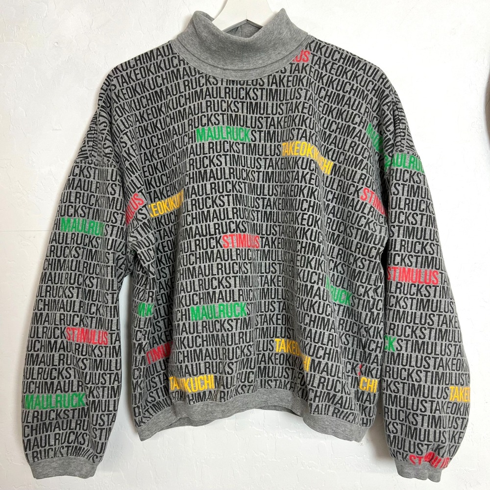 VTG Takeo Kikuchi Stimulus All Over Print Mock Neck Sweatshirt Gray Japan Sz S/M